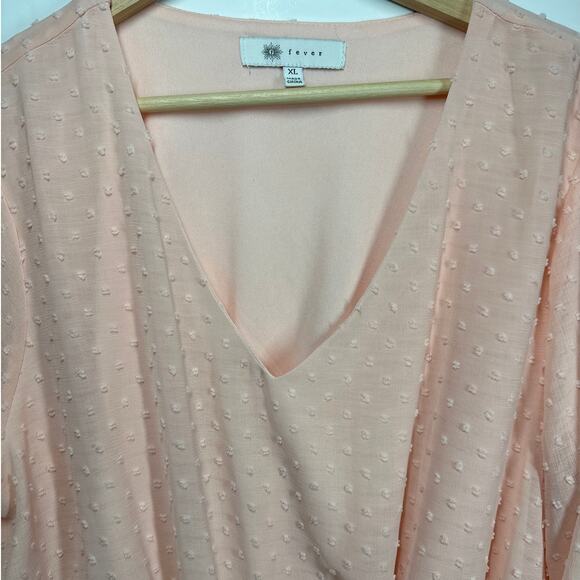 Fever Smocked Waist Long Bell-Sleeve Clip-Dot Blouse Top Pink Sz XL Cottagecore - Picture 2 of 12